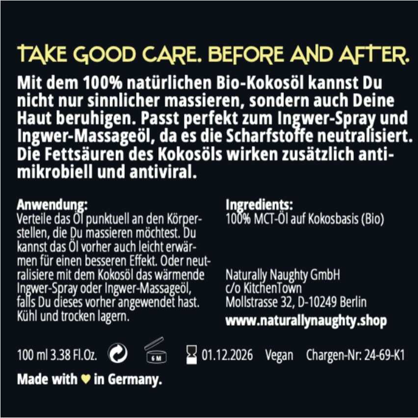 Etikett des Naturally Naughty Kokosöls mit Produktbeschreibung, Anwendungshinweisen und Inhaltsangaben. Bio-Kokosöl, ideal für Massage und Hautpflege, mit beruhigender und antiviraler Wirkung. Enthält MCT-Öl aus Kokosbasis. Vegan und Made in Germany.