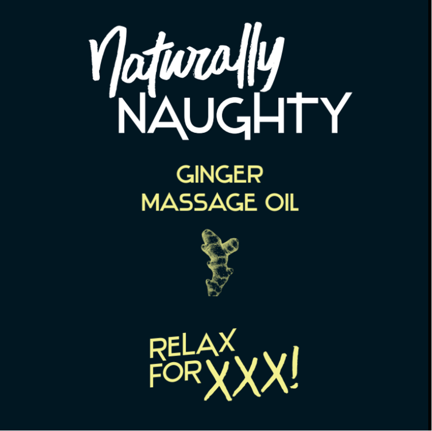 Produktetikett des Naturally Naughty Ingwer-Massageöls