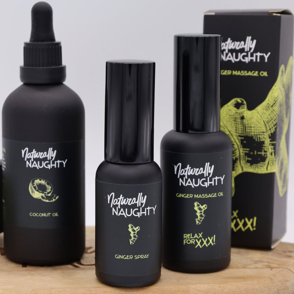 Naturally Naughty Verwöhn-Set: Ingwer-Spray 30 ml, Ingwer-Massageöl 50 ml und Bio-Kokosöl 100 ml, stilvoll präsentiert.